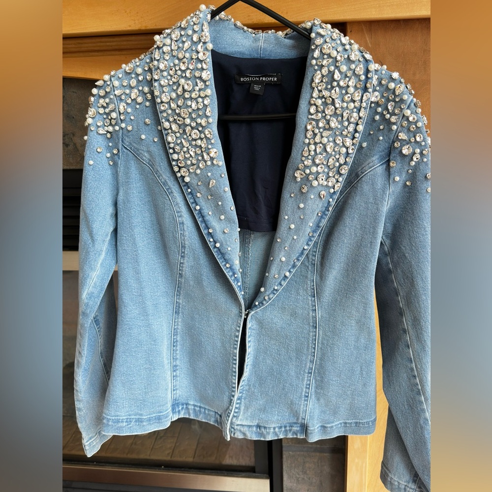 Boston Proper Light Blue Jean Jacket w/ Rhinestone & Pearl Embellishments Small